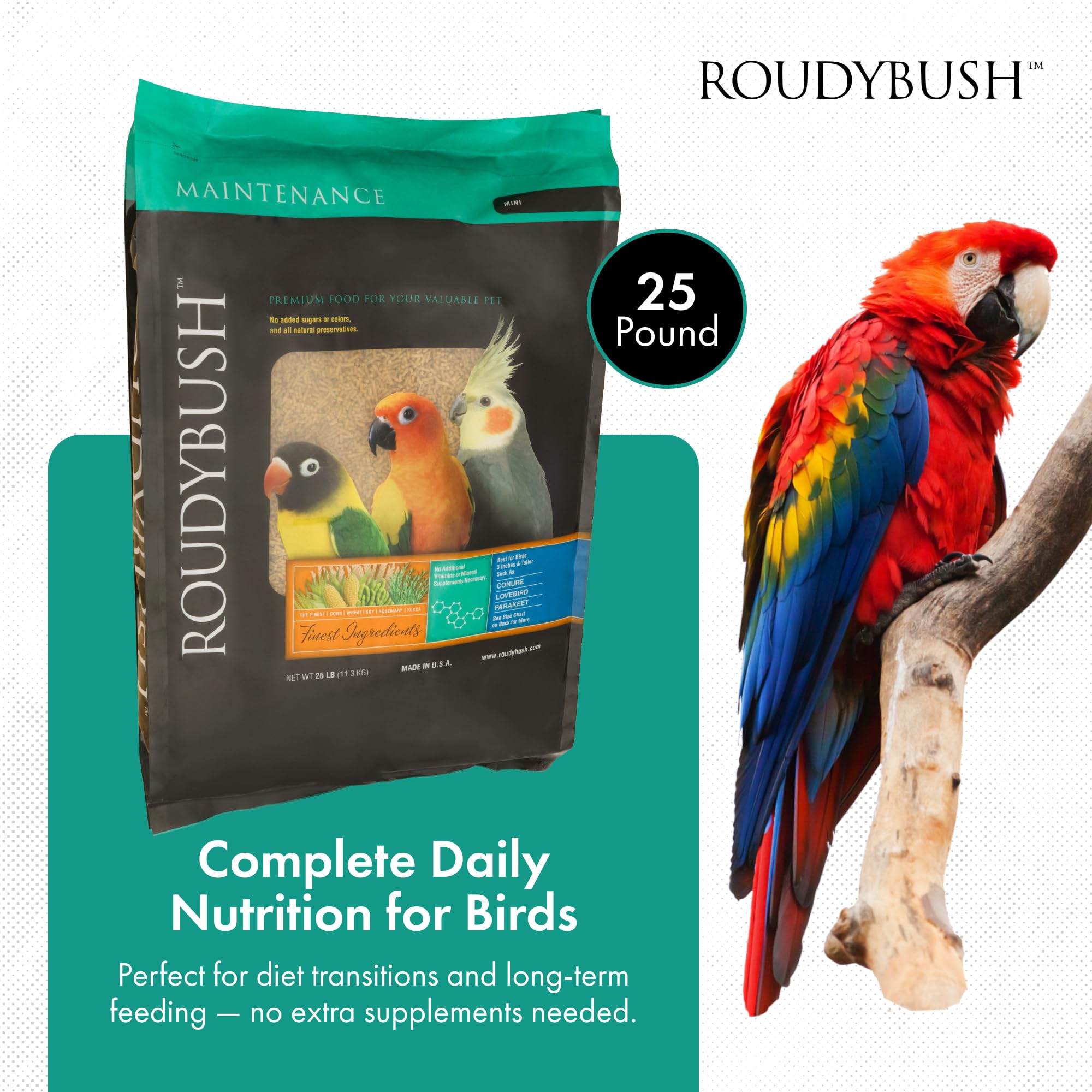 RoudyBush Daily Maintenance pellets closeup highlights protein and fat balance for balanced nutrition.