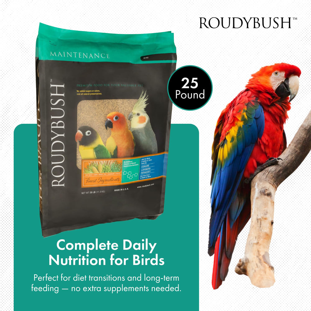 RoudyBush Daily Maintenance pellets closeup highlights protein and fat balance for balanced nutrition.
