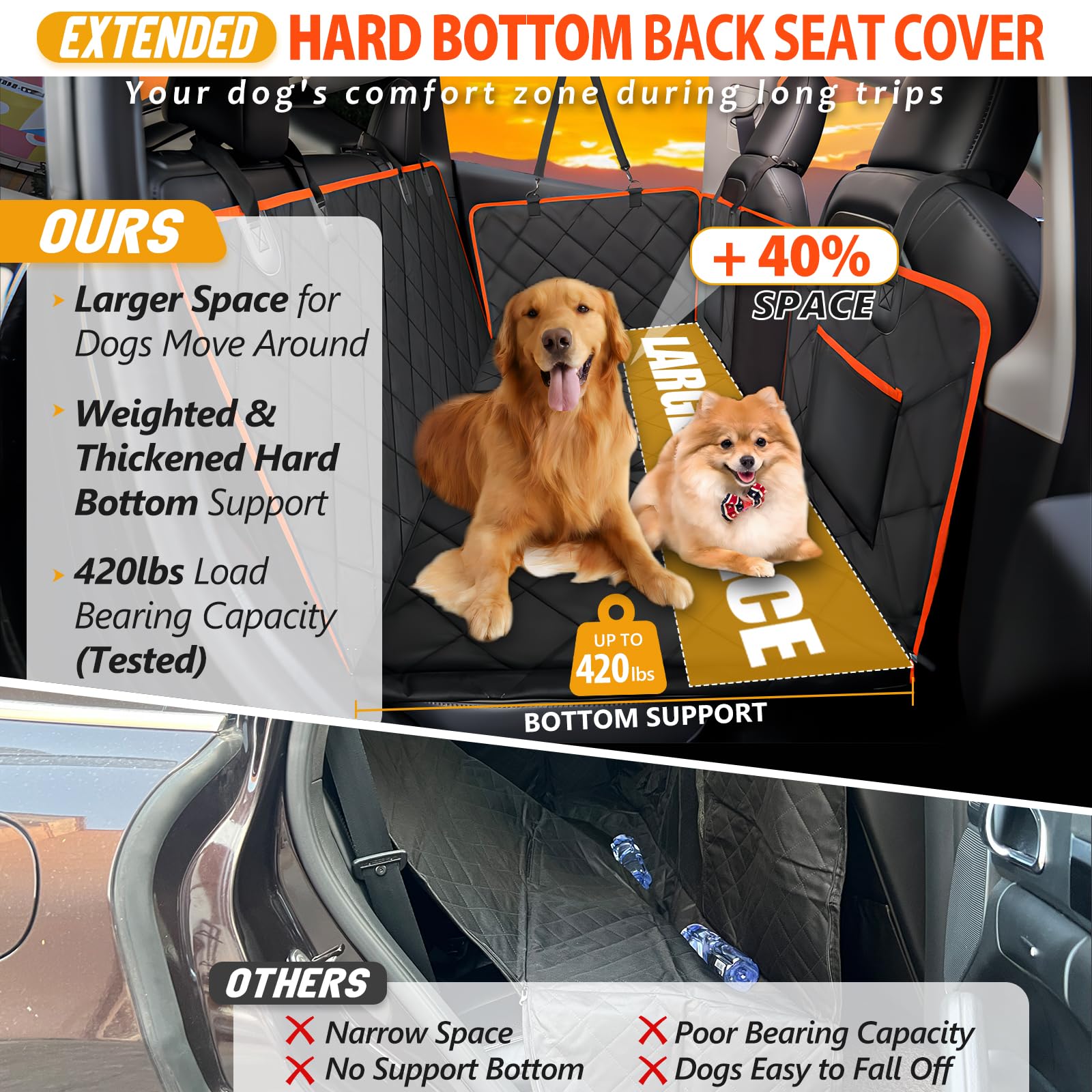 ROUWINNE dog bed use shows a large, comfy space for pets during travel.