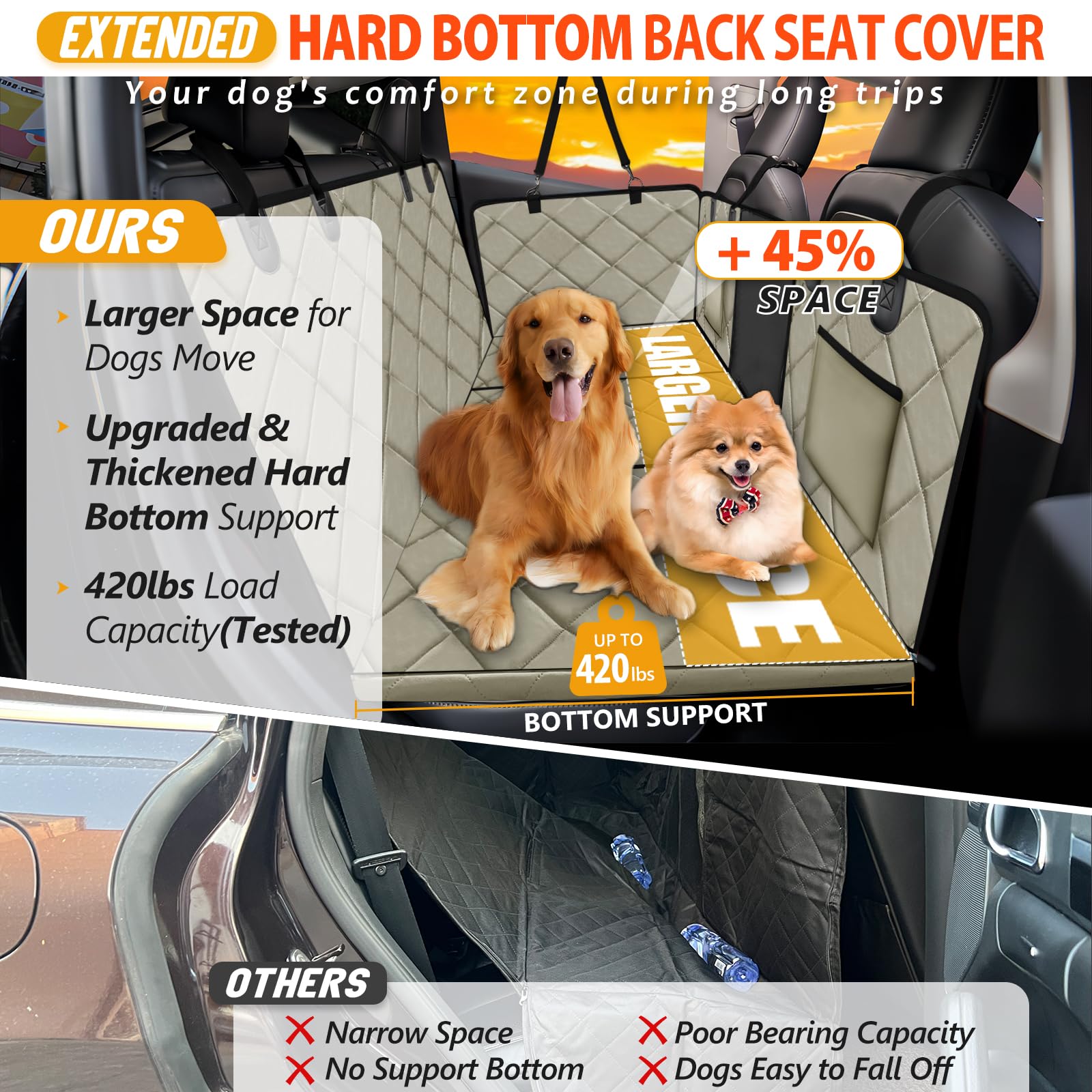 ROUWINNE back seat extender hard-bottom plate boosts stability for dogs on the ride