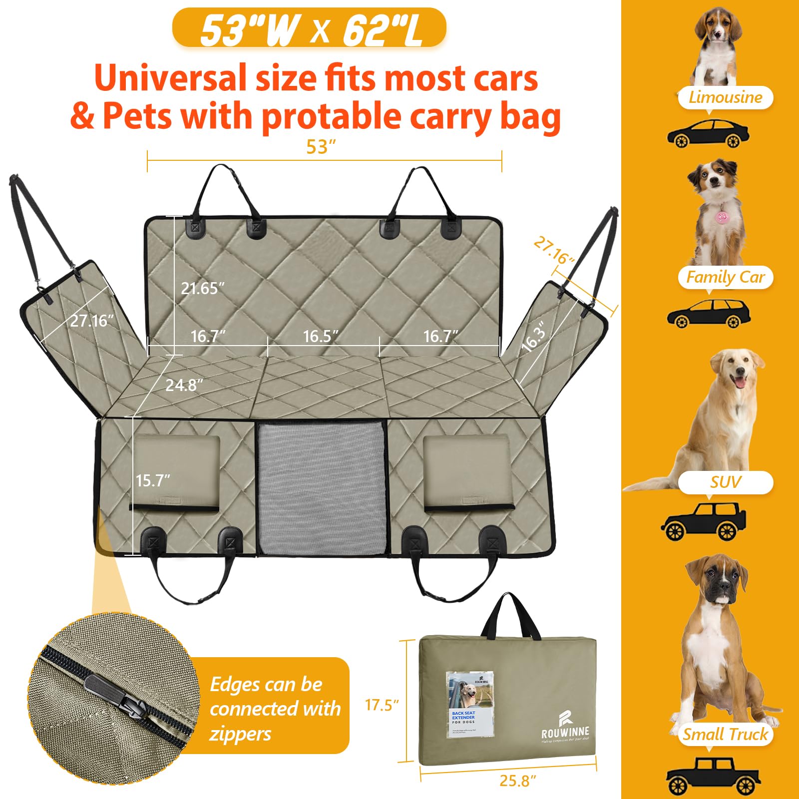 ROUWINNE back seat extender non-slip bottom dots prevent shifting during trips