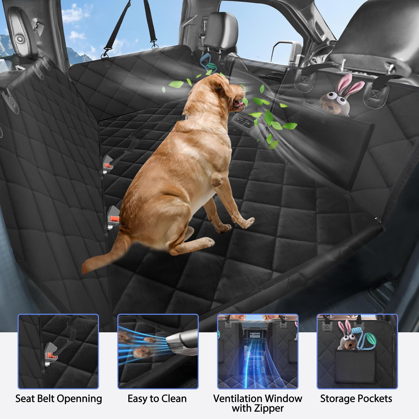 ROUWINNE back seat extender non-slip bottom keeps dogs secure.
