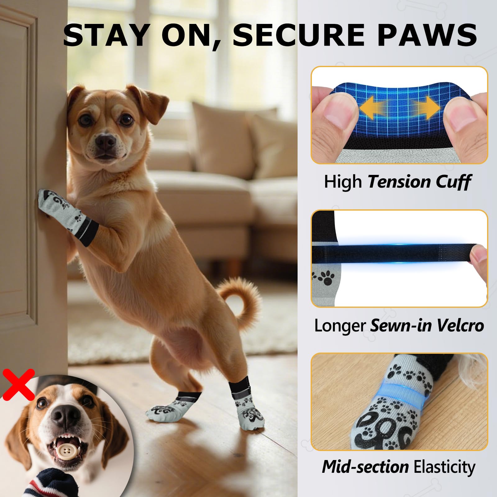 ROUWINNE dog socks with adjustable strap closure stay secure during walks.