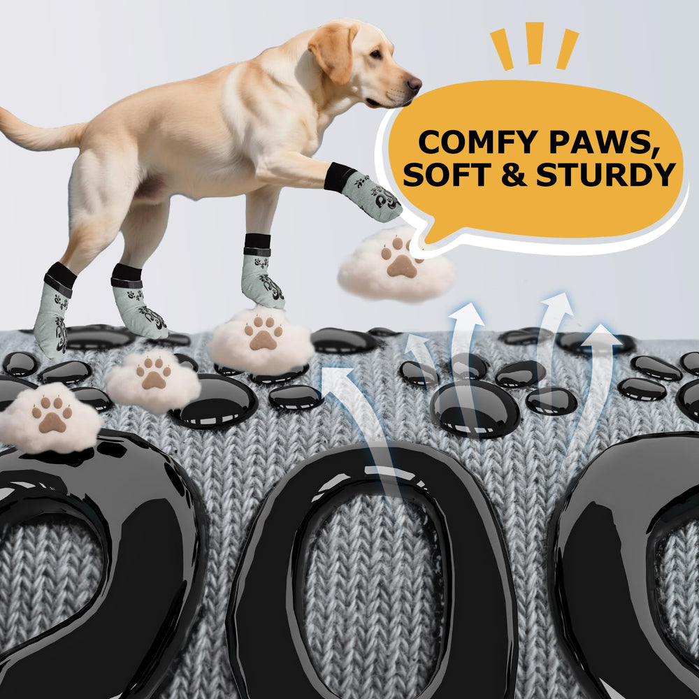 ROUWINNE dog socks grip-bottom closeup demonstrates double-dot non-slip on various surfaces