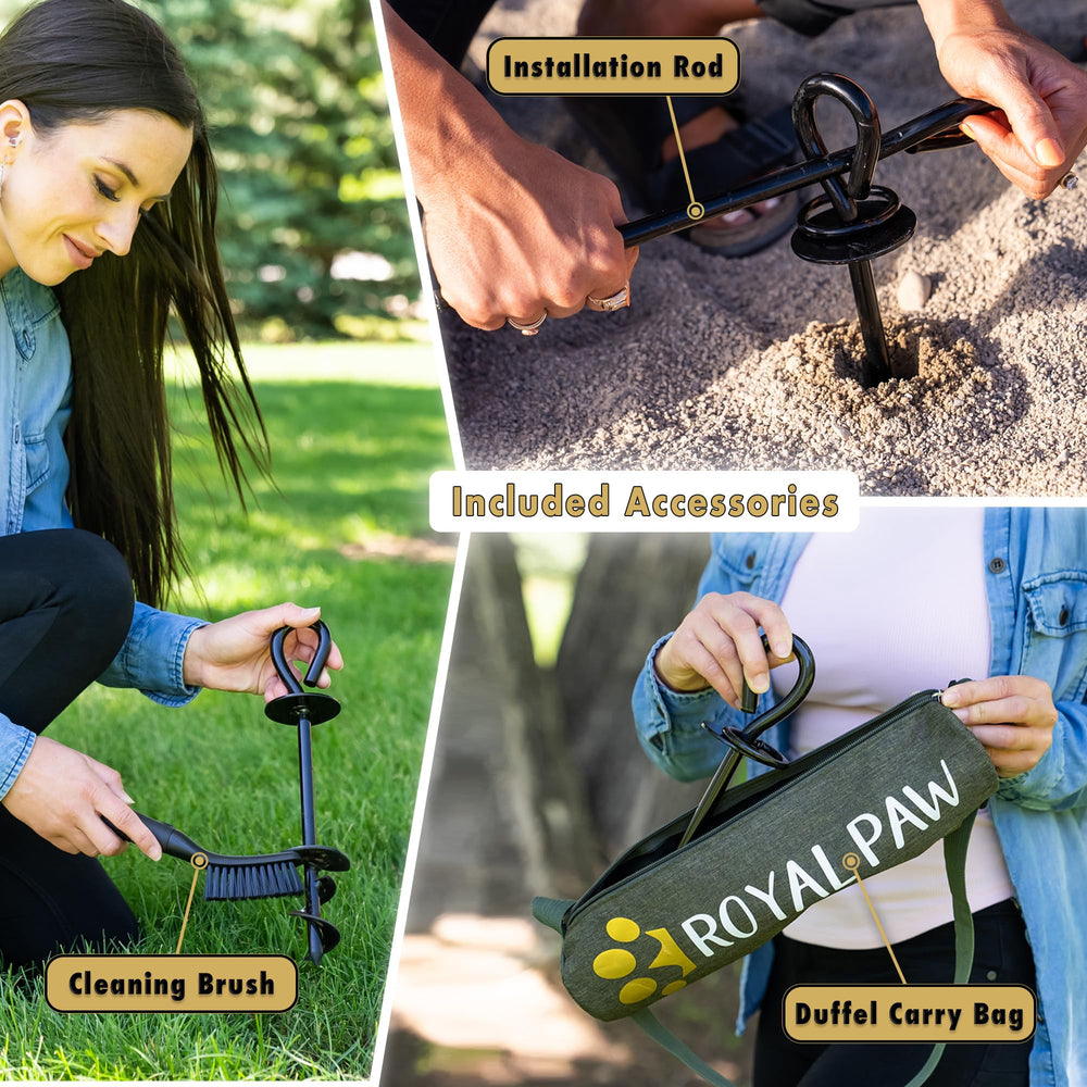 ROYAL PAW yard-use tie-out in natural grass scene demonstrates quick setup.