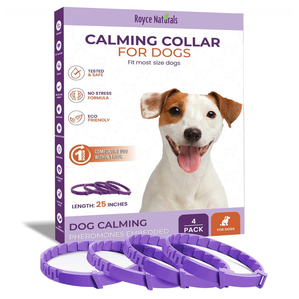 Royce Naturals calming collar dog purple pack front view demonstrates anxiety-relief design.