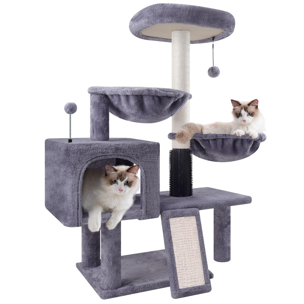 ROYPET cat tree built-in grooming brushes reduce shedding and boost coat health.