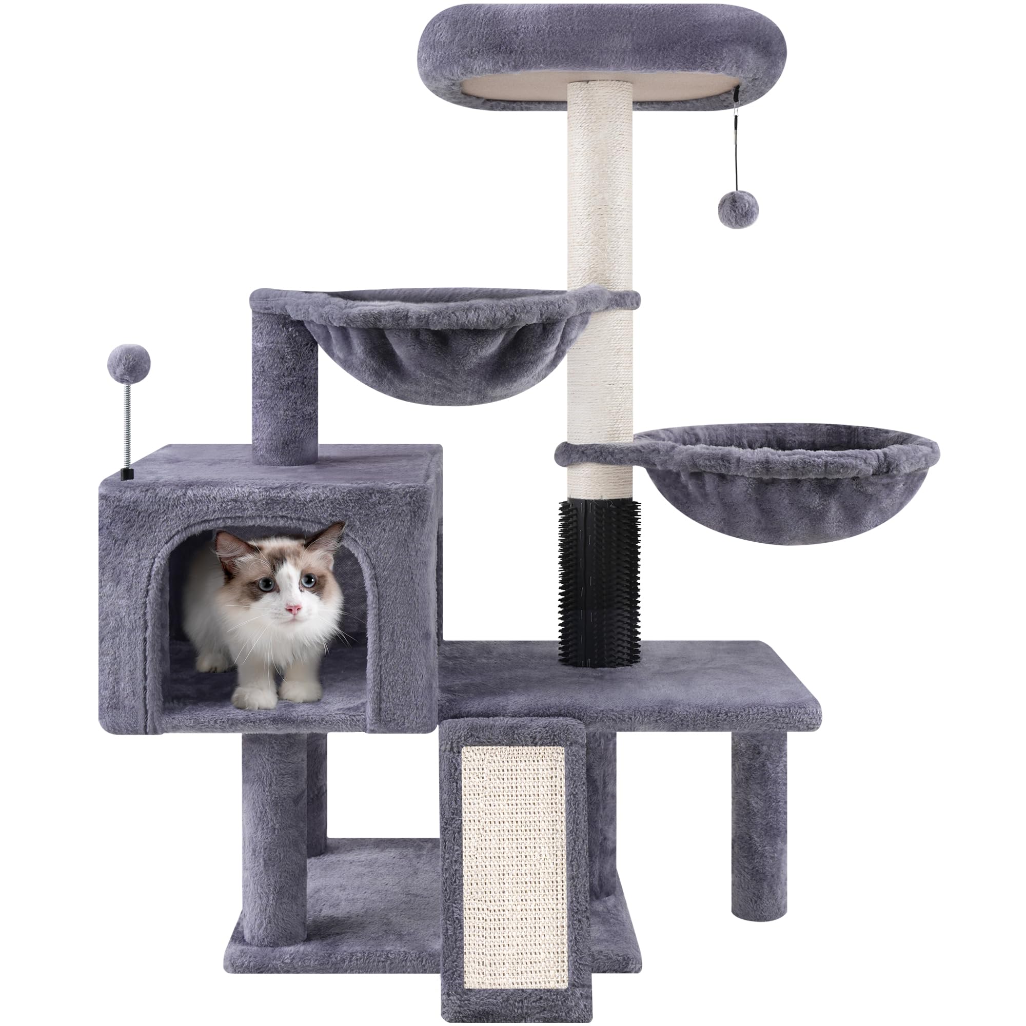 ROYPET cat tree side scratching posts promote safe claw maintenance and stretching.