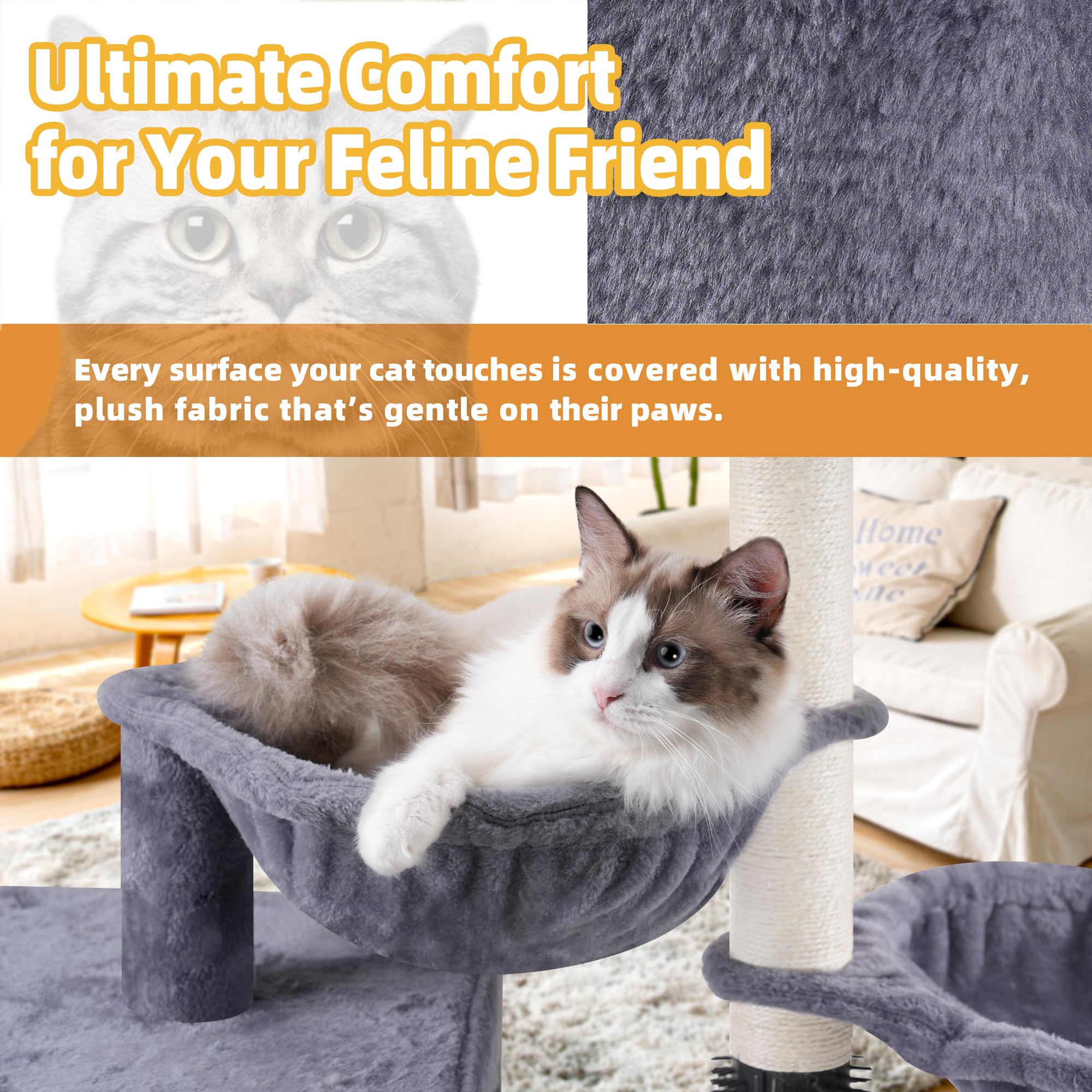 ROYPET cat tree sturdy base and reinforced build for a stable setup.