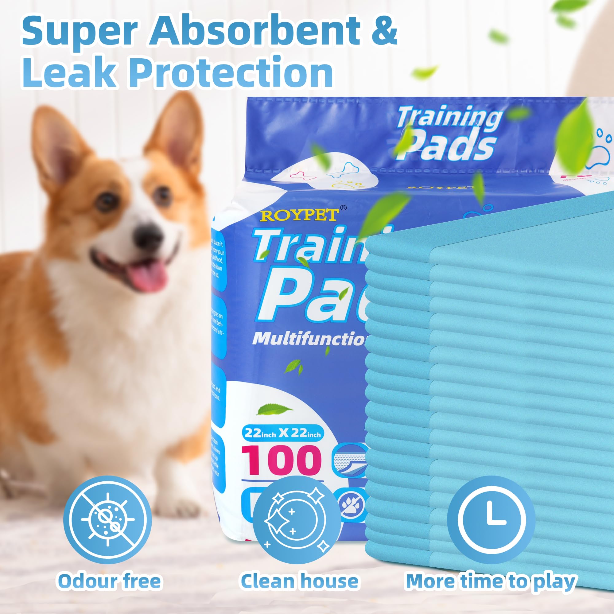 Roypet 22x22 blue-white pad surface provides comfortable potty sessions.