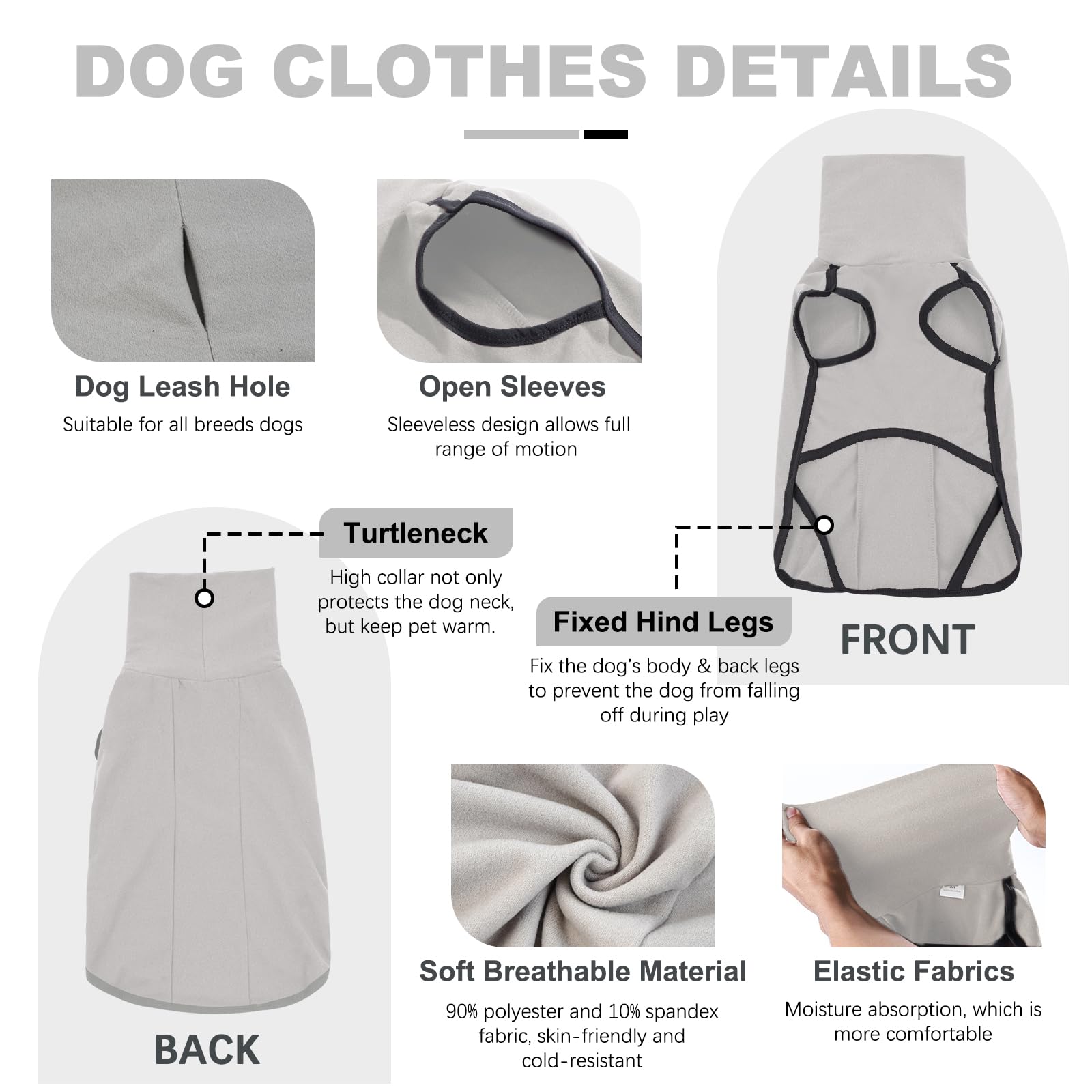ROZKITCH Dog Winter Coat Grey XS closeup fabric shows soft breathable polyester weave.