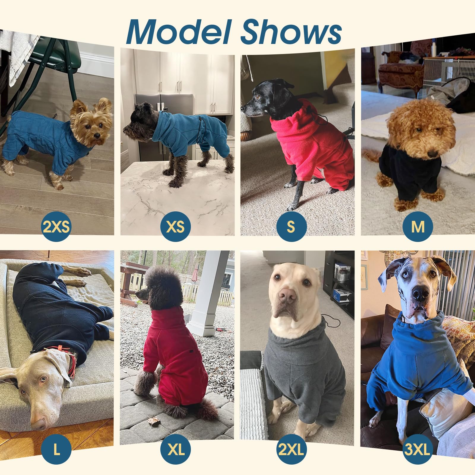 ROZKITCH dog winter coat size range display fits a wide range of breeds