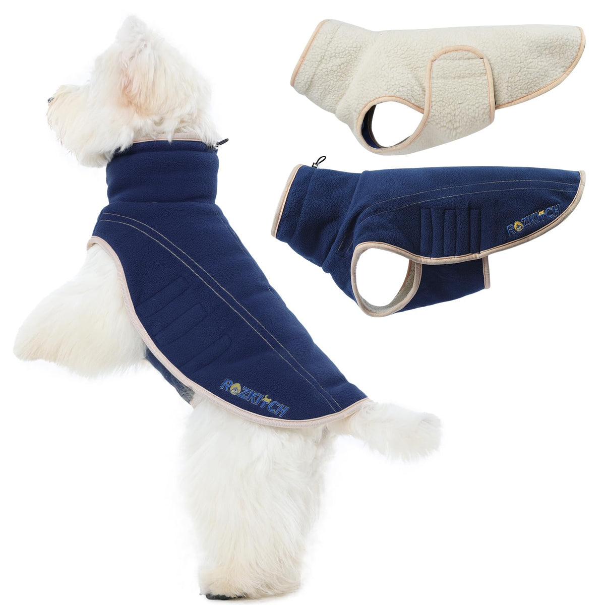 ROZKITCH reversible coat dark blue outside view showing secure Velcro for easy wearing