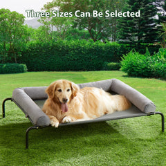 RRPETHOME waterproof-raised-dog-cot-grey demonstrates weatherproof design for outdoor use.