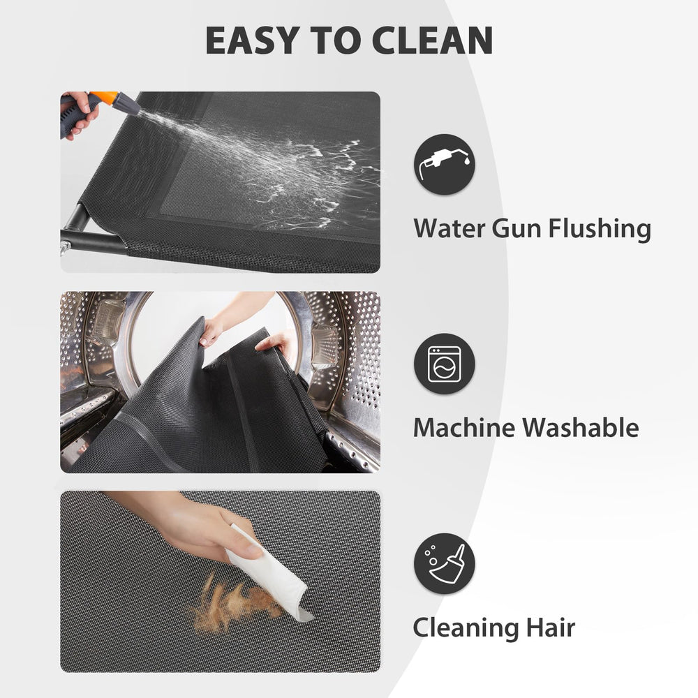 RRPETHOME large elevated cooling dog bed anti-slip feet in action on various floors.