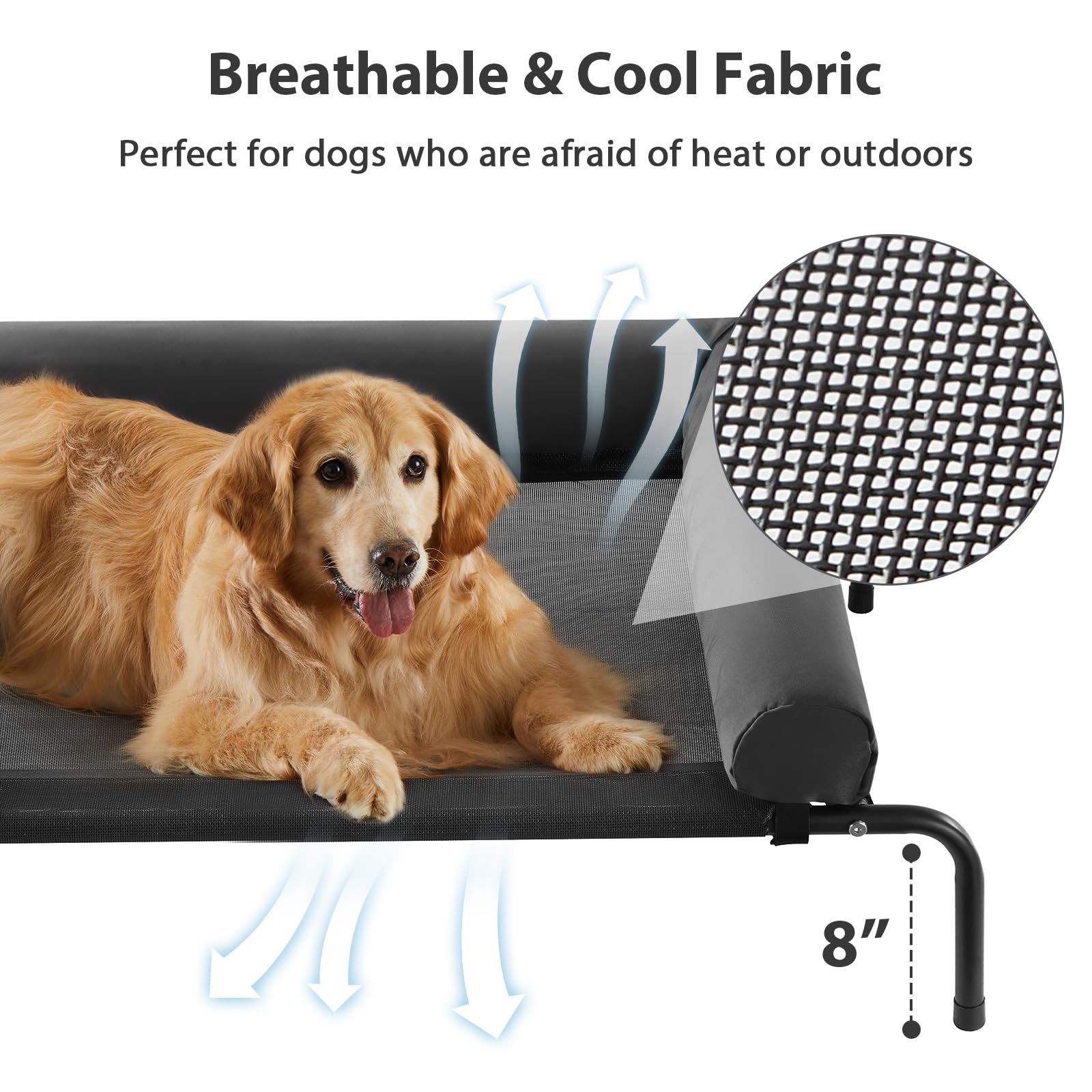 RRPETHOME large elevated cooling dog bed mesh close-up demonstrates breathable, cooling mesh.