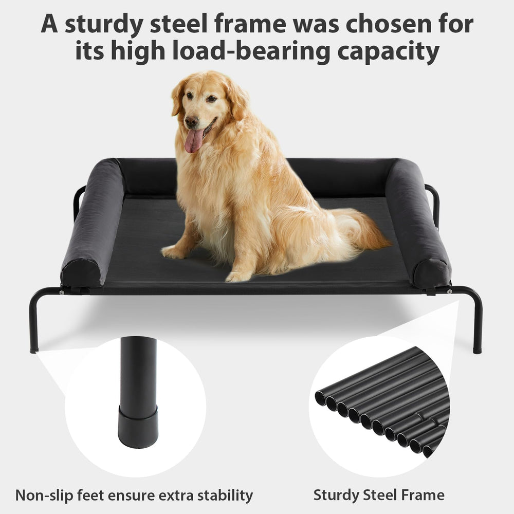 RRPETHOME large elevated cooling dog bed outdoors in shade demonstrates portable design for travel.