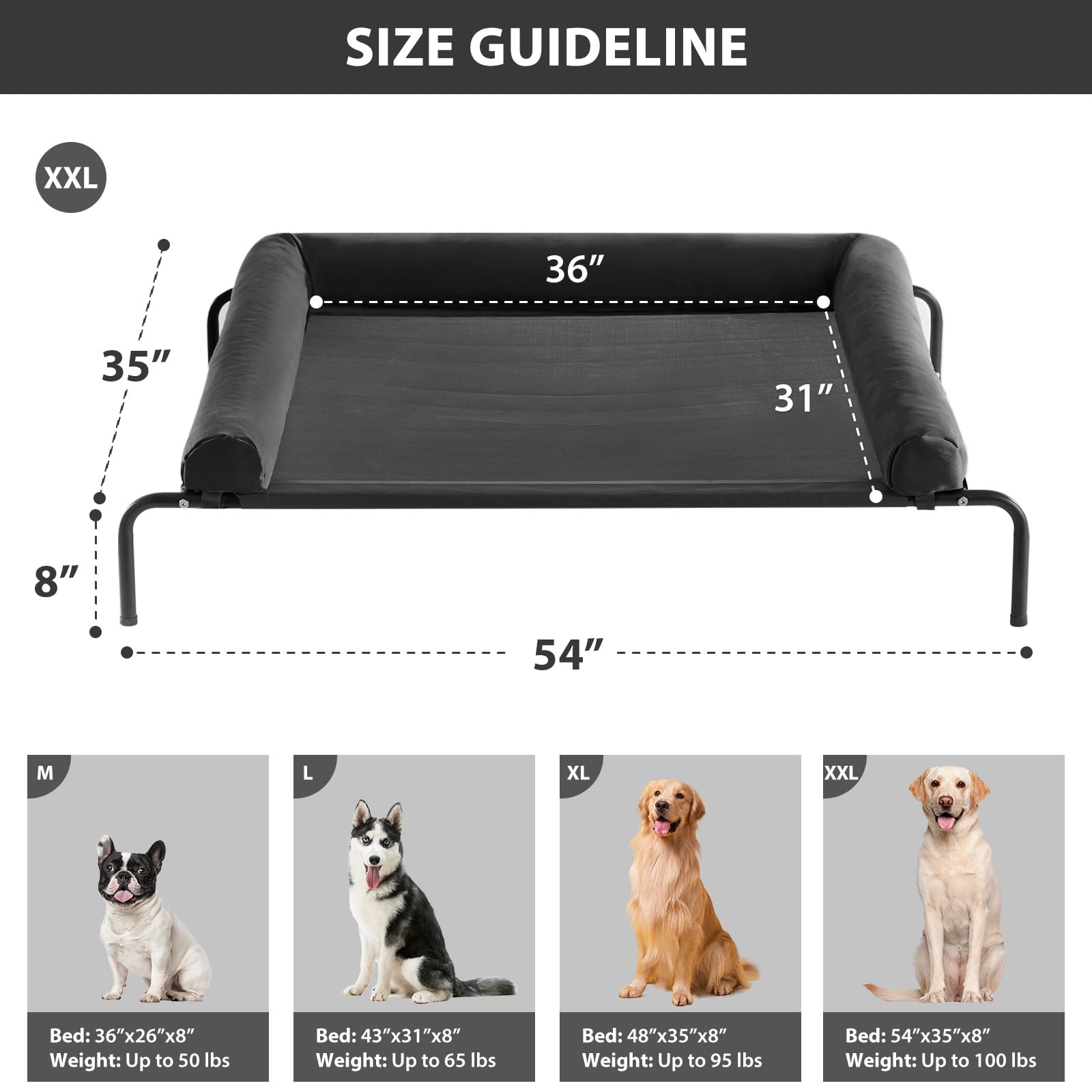 RRPETHOME large elevated cooling dog bed side view highlighting sturdy frame and 100 lb weight support.