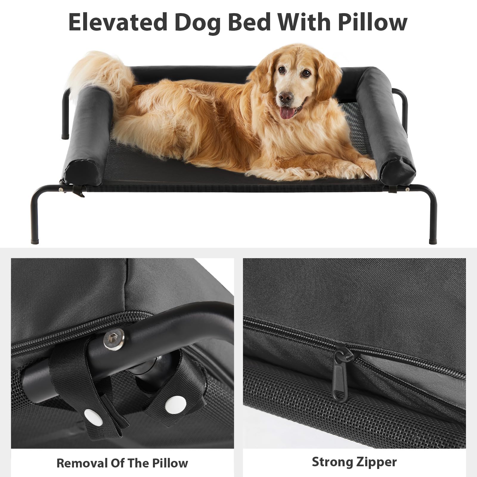 RRPETHOME large elevated cooling dog bed U-shaped pillow close-up shows removable washable cushion.