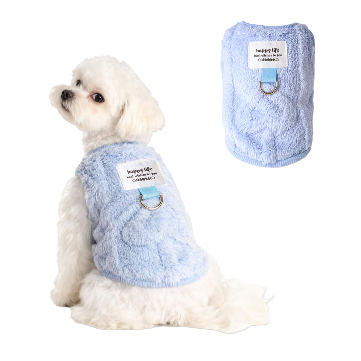 Rthjsfj fleece vest dog sweater blue front view showing snug warm fit for small dogs