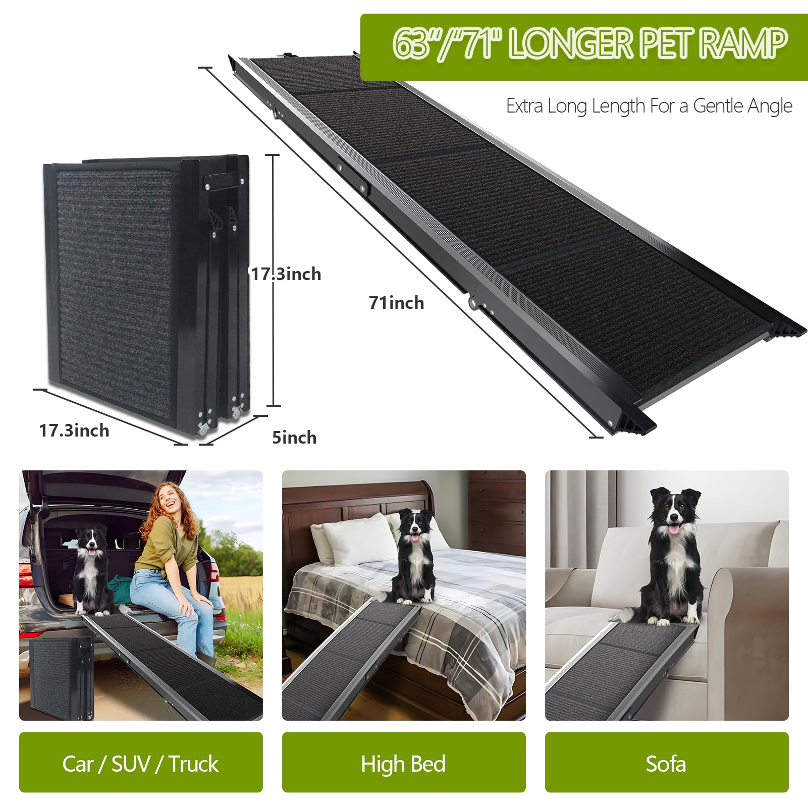 RUBLELITIE dog ramp 71-inch length supports gentle incline for large dogs.
