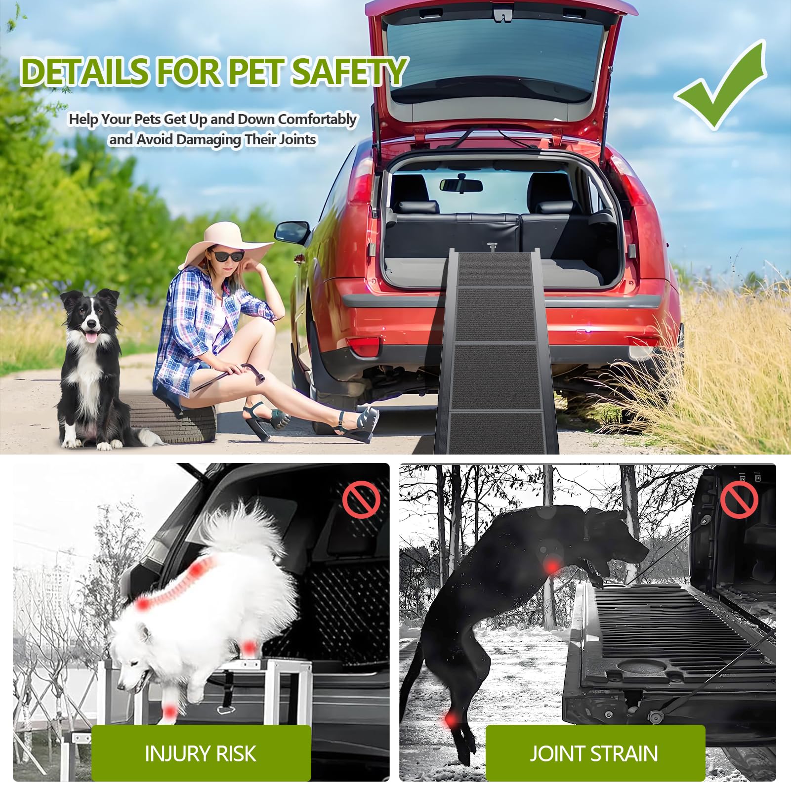 RUBLELITIE dog ramp heavy-duty aluminum frame supports up to 250 lbs.