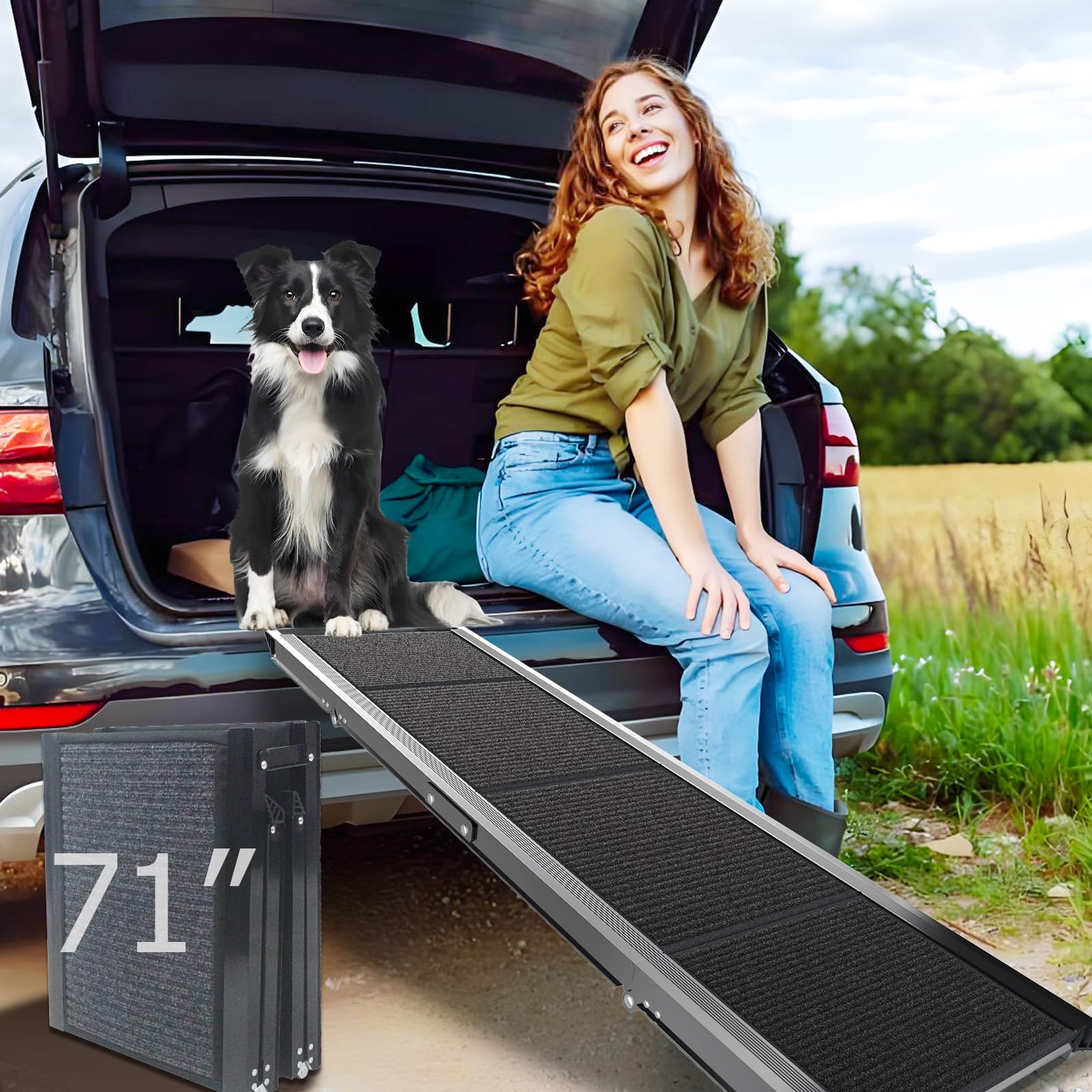 RUBLELITIE dog ramp trunk setup for easy vehicle loading with a stable, wide incline.