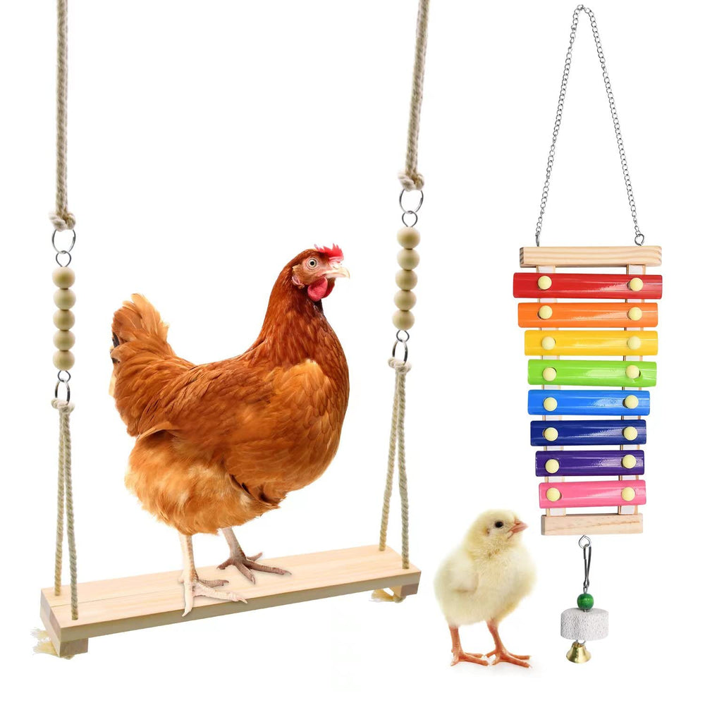 Ruby.Q chicken swing toy wooden base offers a sturdy perch for safe coop play.