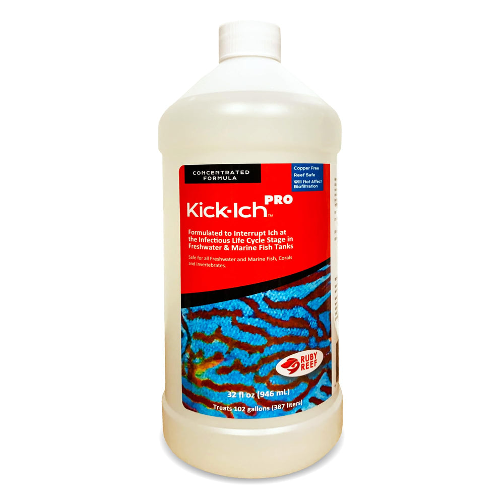Ruby Reef Kick Ich Pro 32oz bottle for convenient reef tank treatment.