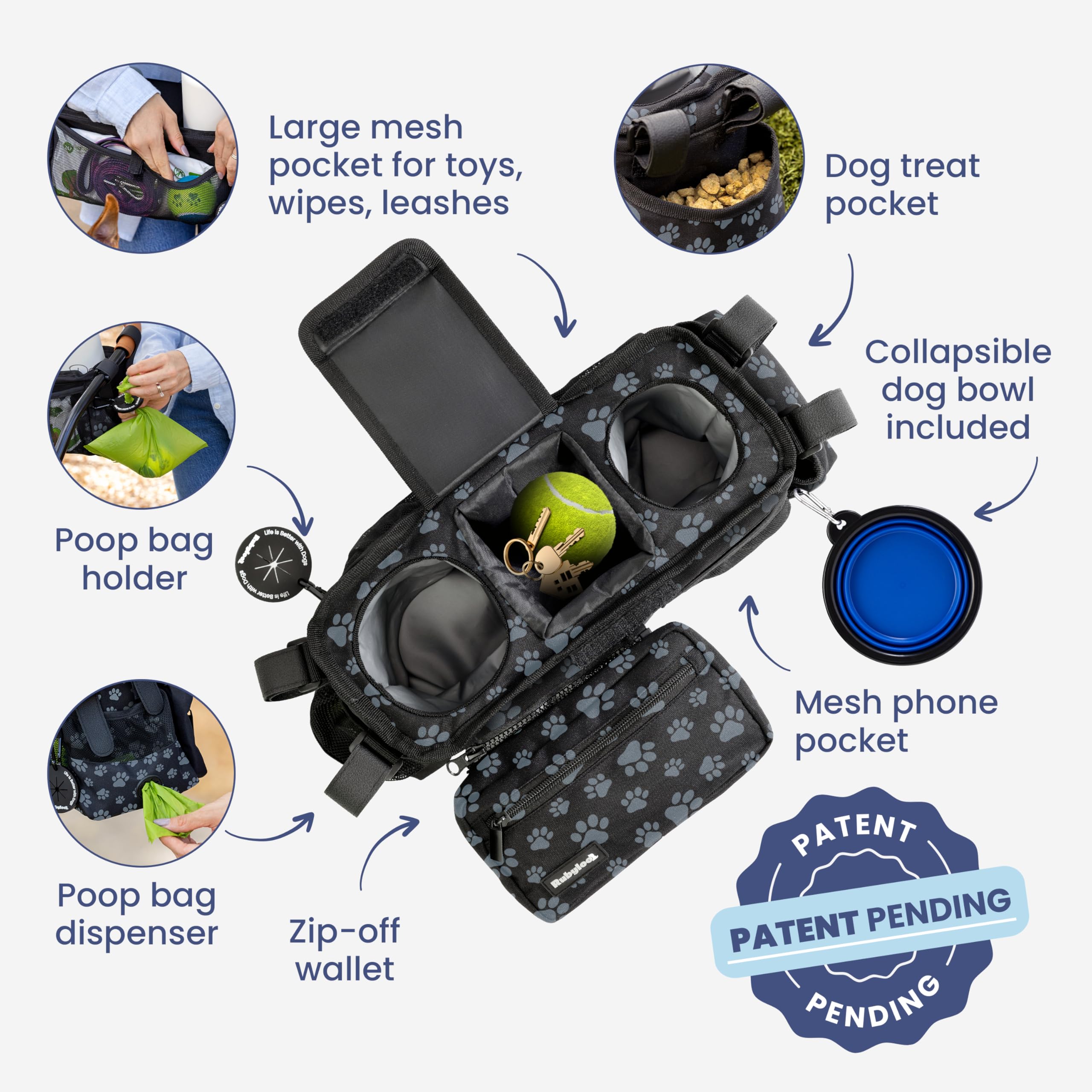 Rubyloo eight storage spaces for water, treats, toys, leashes, and bags.