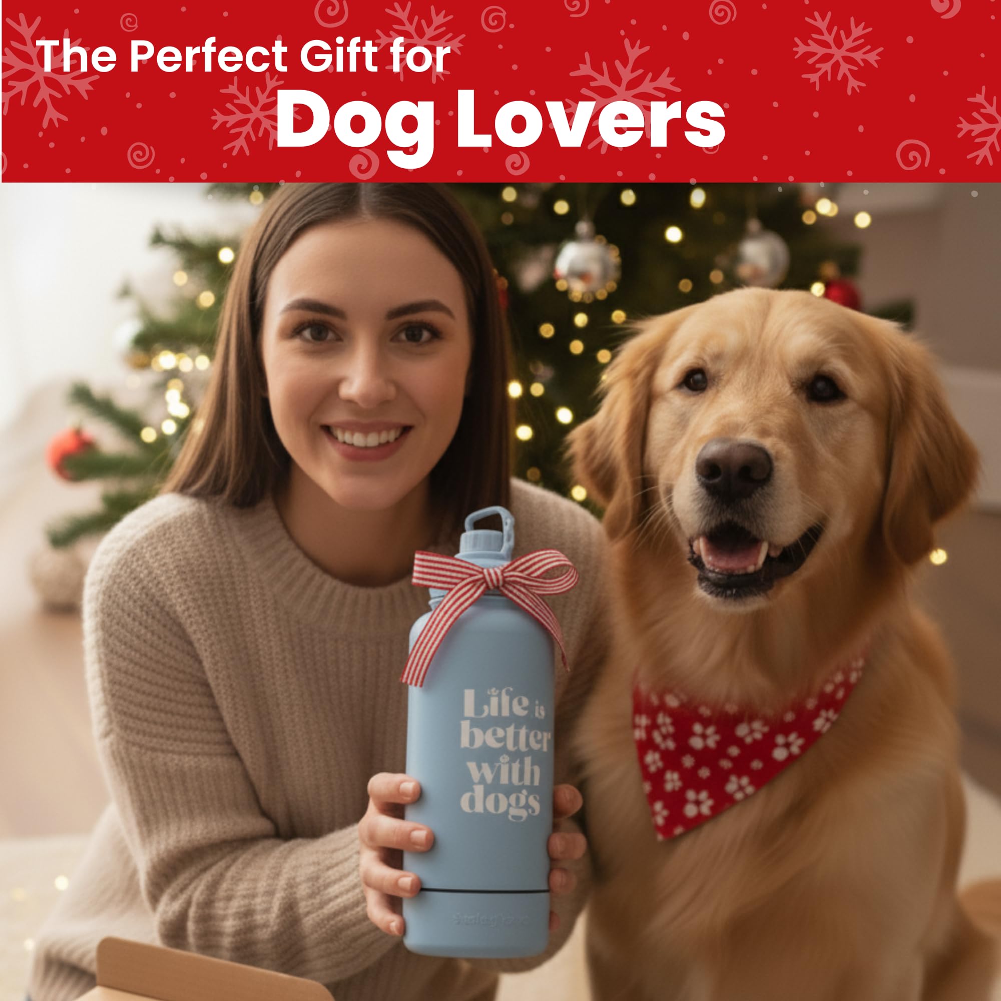 RubyLoo detachable dog bowl attached to the bottle for easy pup drinking.
