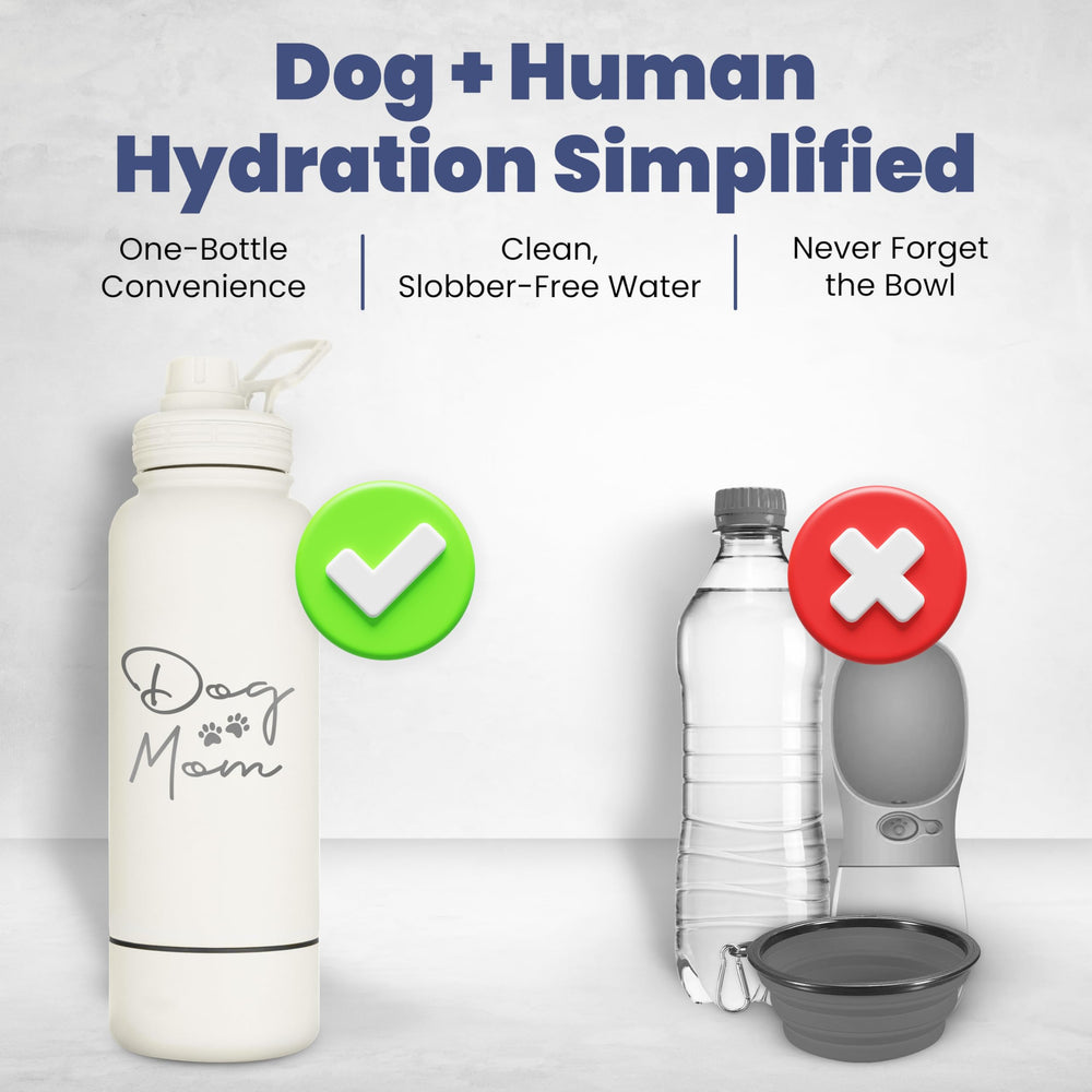 Rubyloo dog mom water bottle cream detachable bowl demonstrates dual-use for pup