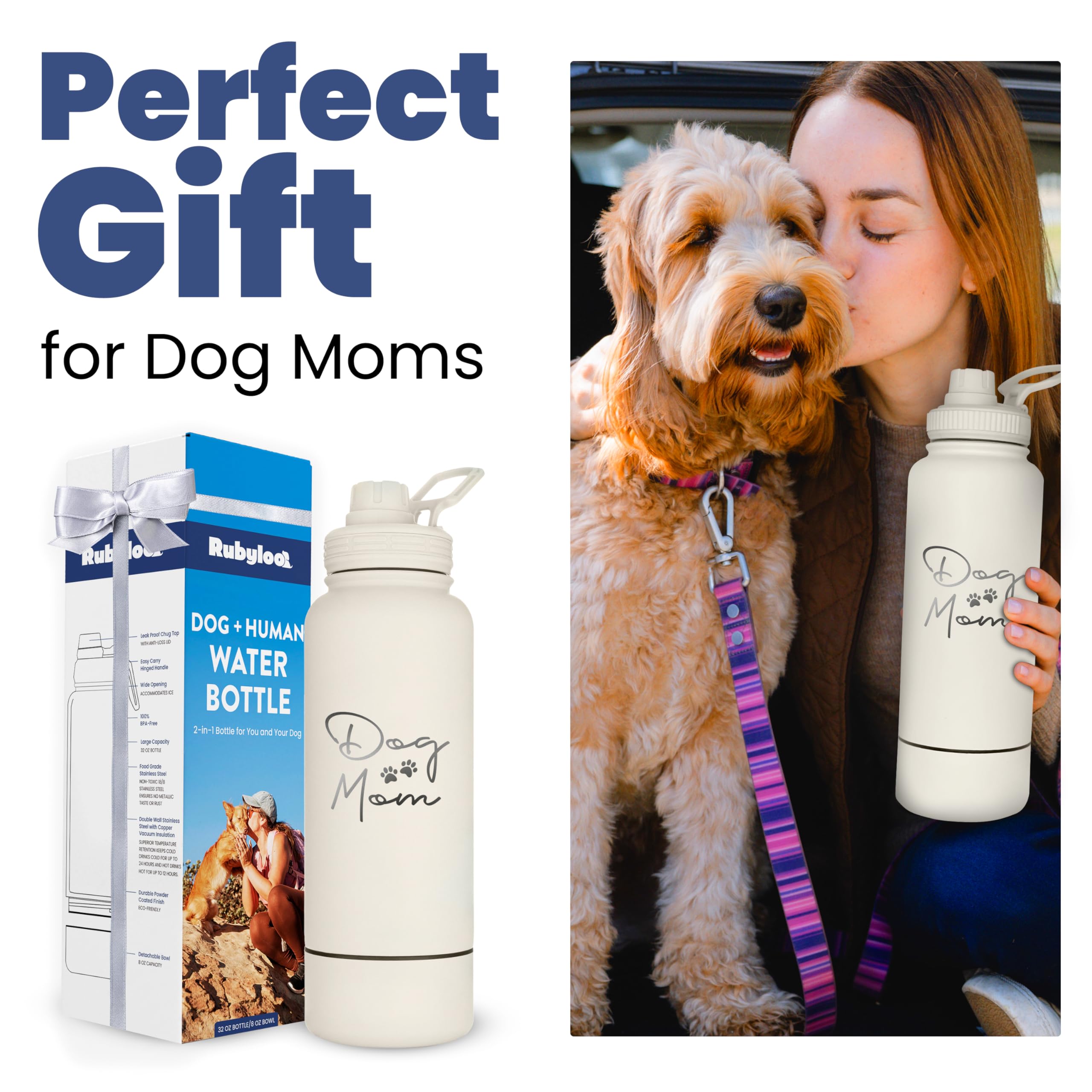 Rubyloo dog mom water bottle cream gift-ready packaging for dog lovers