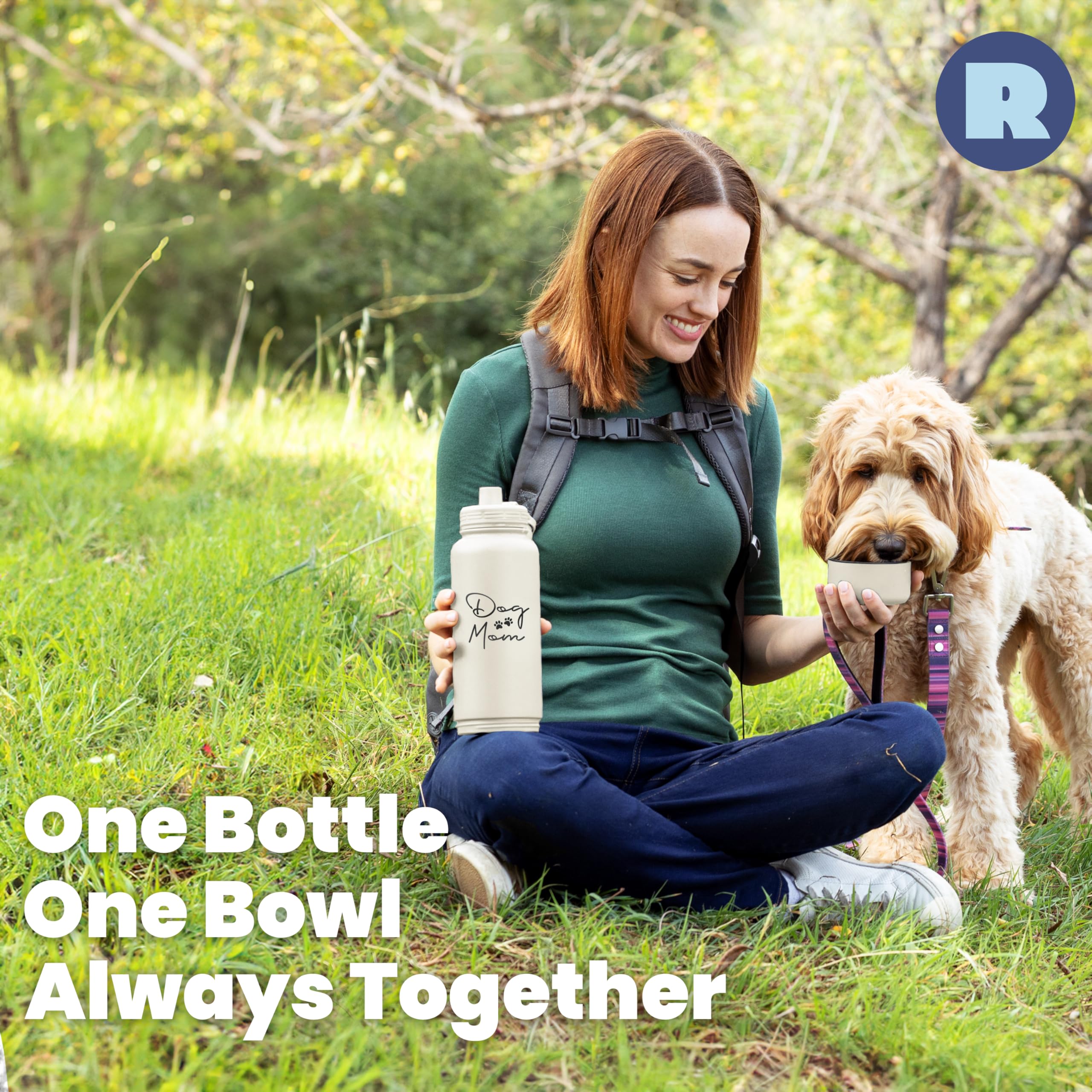 Rubyloo dog mom water bottle cream in use with dog bowl attached