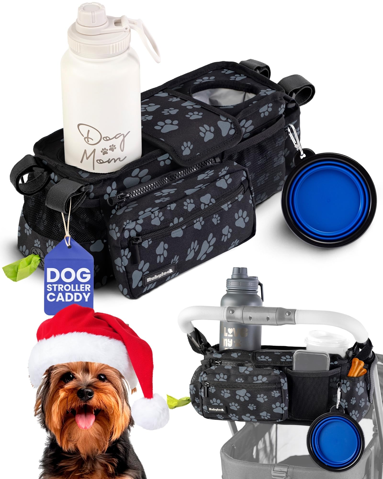 Rubyloo dog stroller caddy organizer keeps walks organized and accessible essentials.
