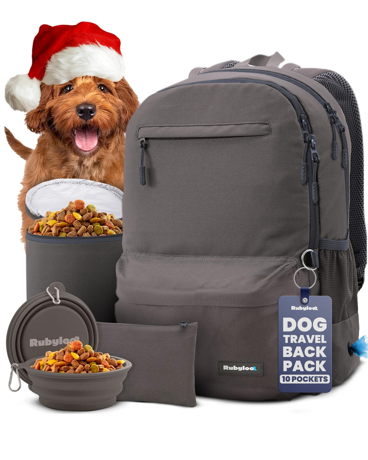 Rubyloo dog travel bag front view, showing stylish, travel-ready design for dog parents.