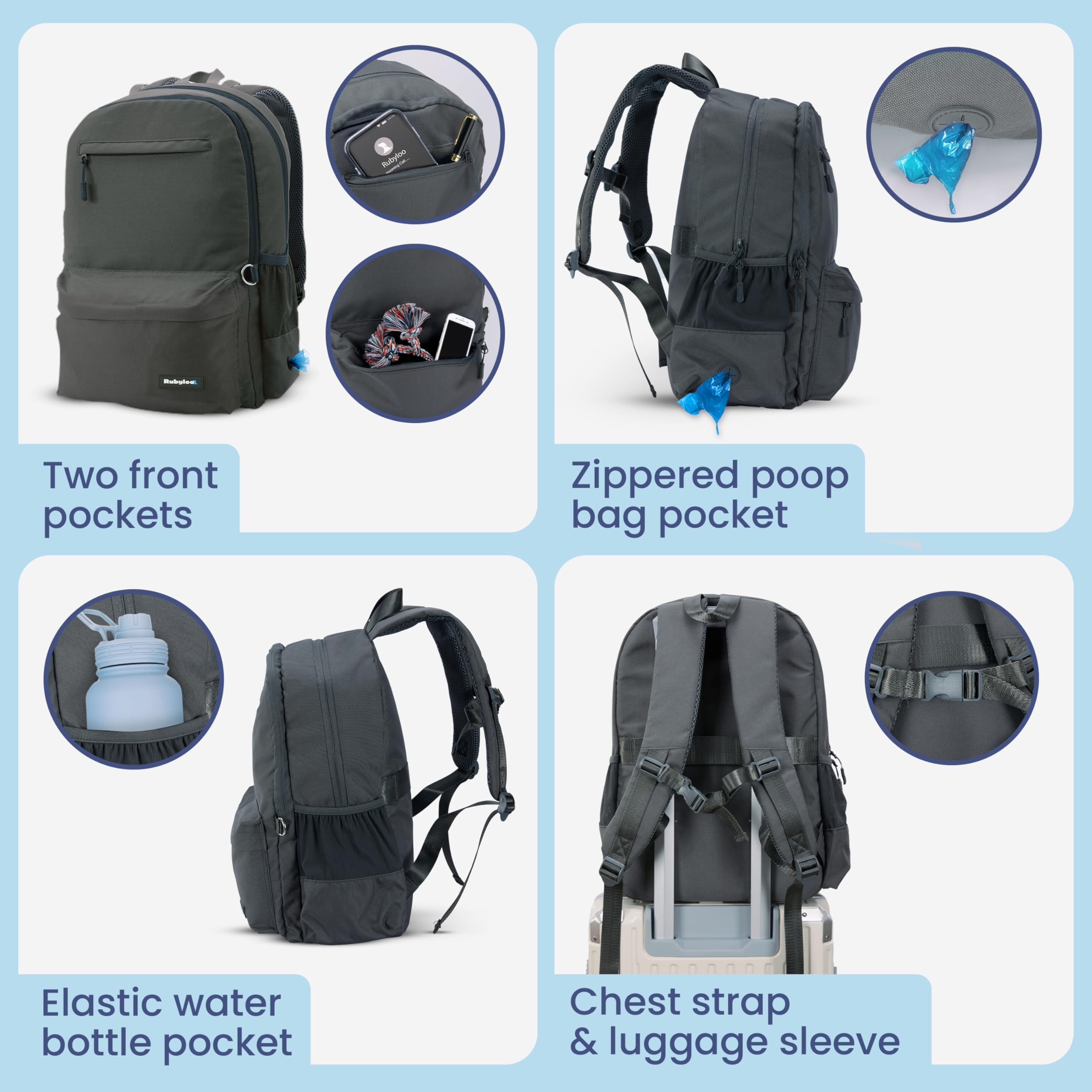 Rubyloo dog travel bag poop bag dispenser adds mess-free convenience.