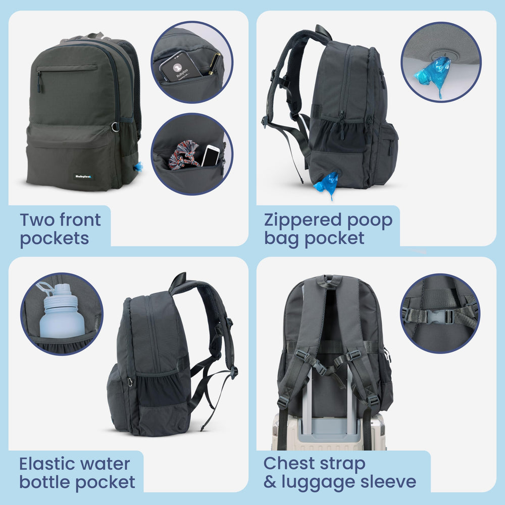 Rubyloo dog travel bag poop bag dispenser adds mess-free convenience.