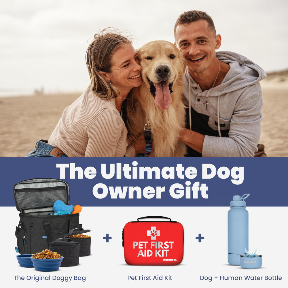 Rubyloo dog travel kit shows bowls and containers for organized trips
