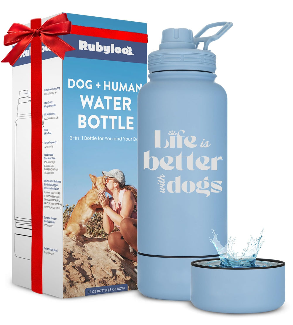 RubyLoo dog water bottle in dusty blue showing 32oz capacity for on-the-go hydration.