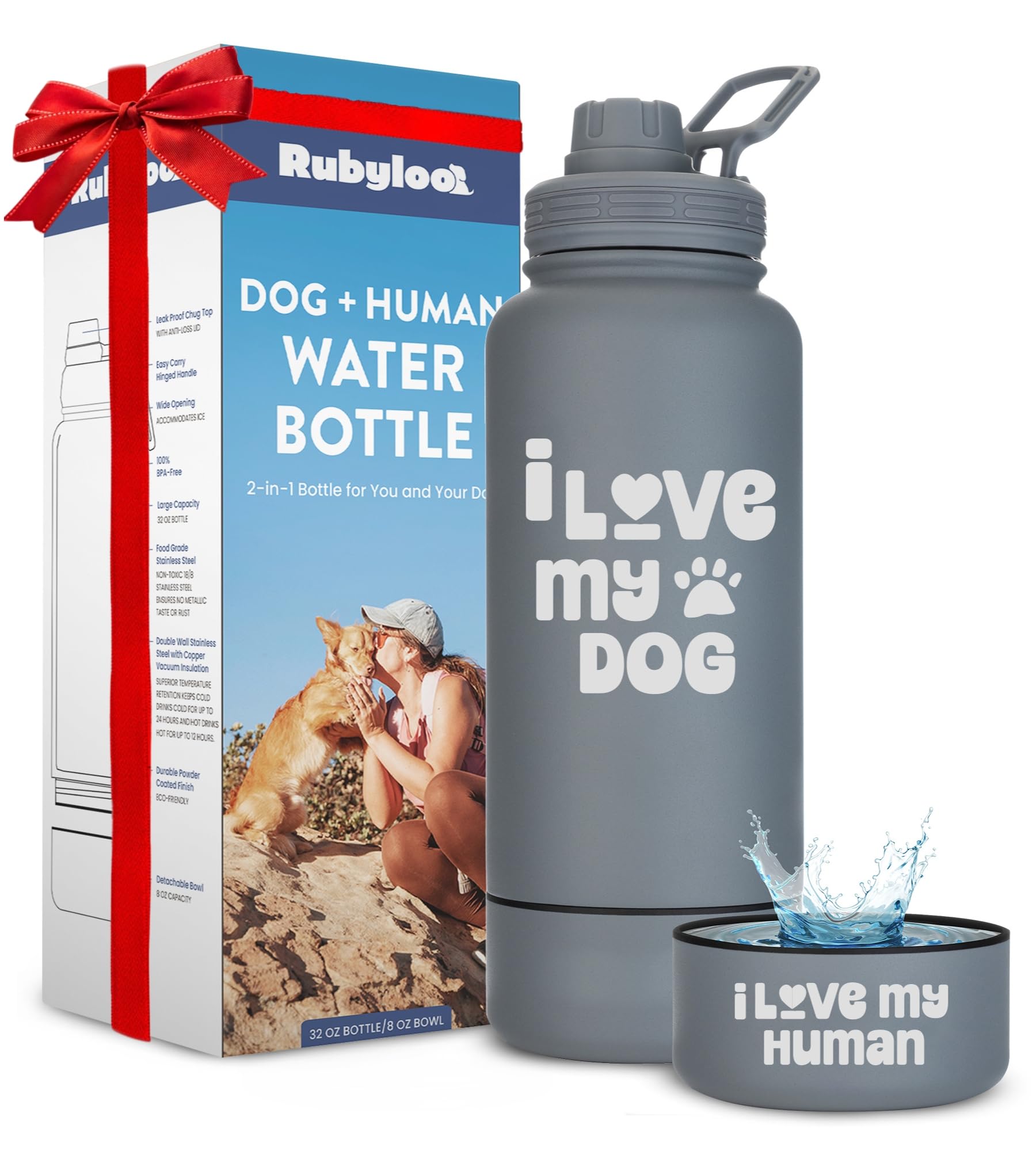 Rubyloo Love Smoky Grey bottle front view for on-the-go dog owners, durable hydration.