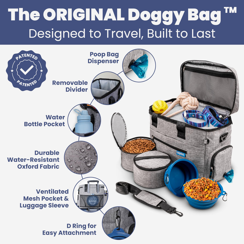 Rubyloo The Original Doggy Bag shows BPA-free bowls for mess-free feeding on the go.