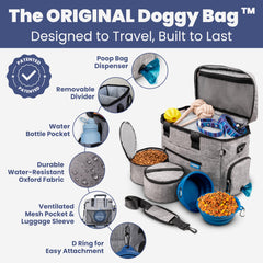 Rubyloo The Original Doggy Bag shows BPA-free bowls for mess-free feeding on the go.