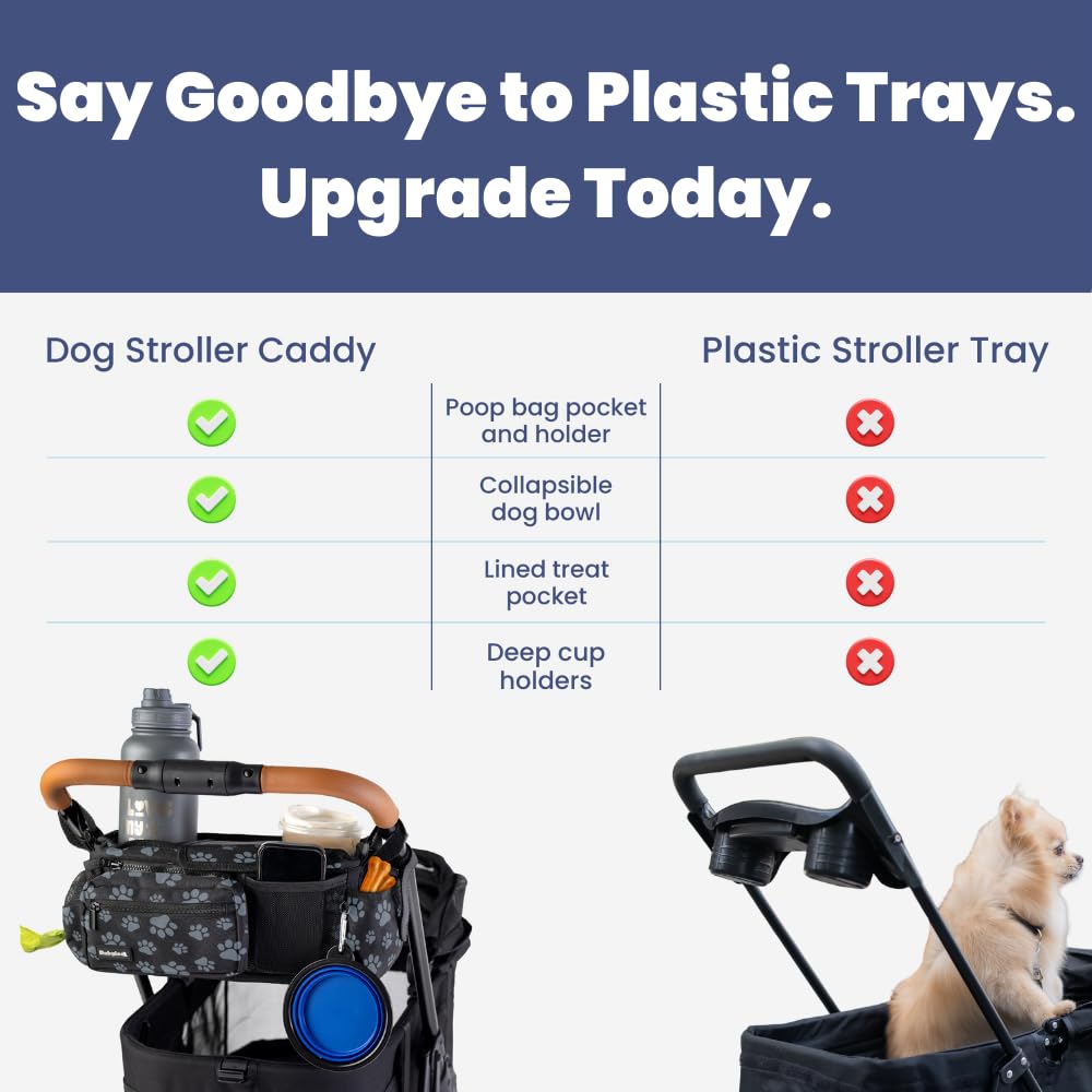 Rubyloo poop bag dispenser on caddy helps quick waste management during strolls.