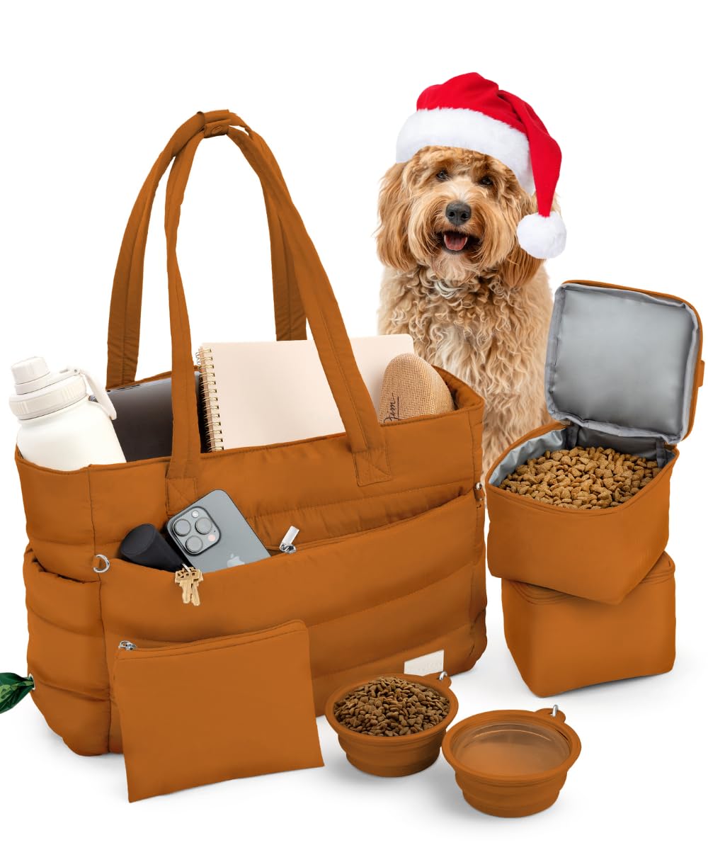 Rubyloo Puffer Dog Travel Bag front view showing polished tote for daily dog mom use