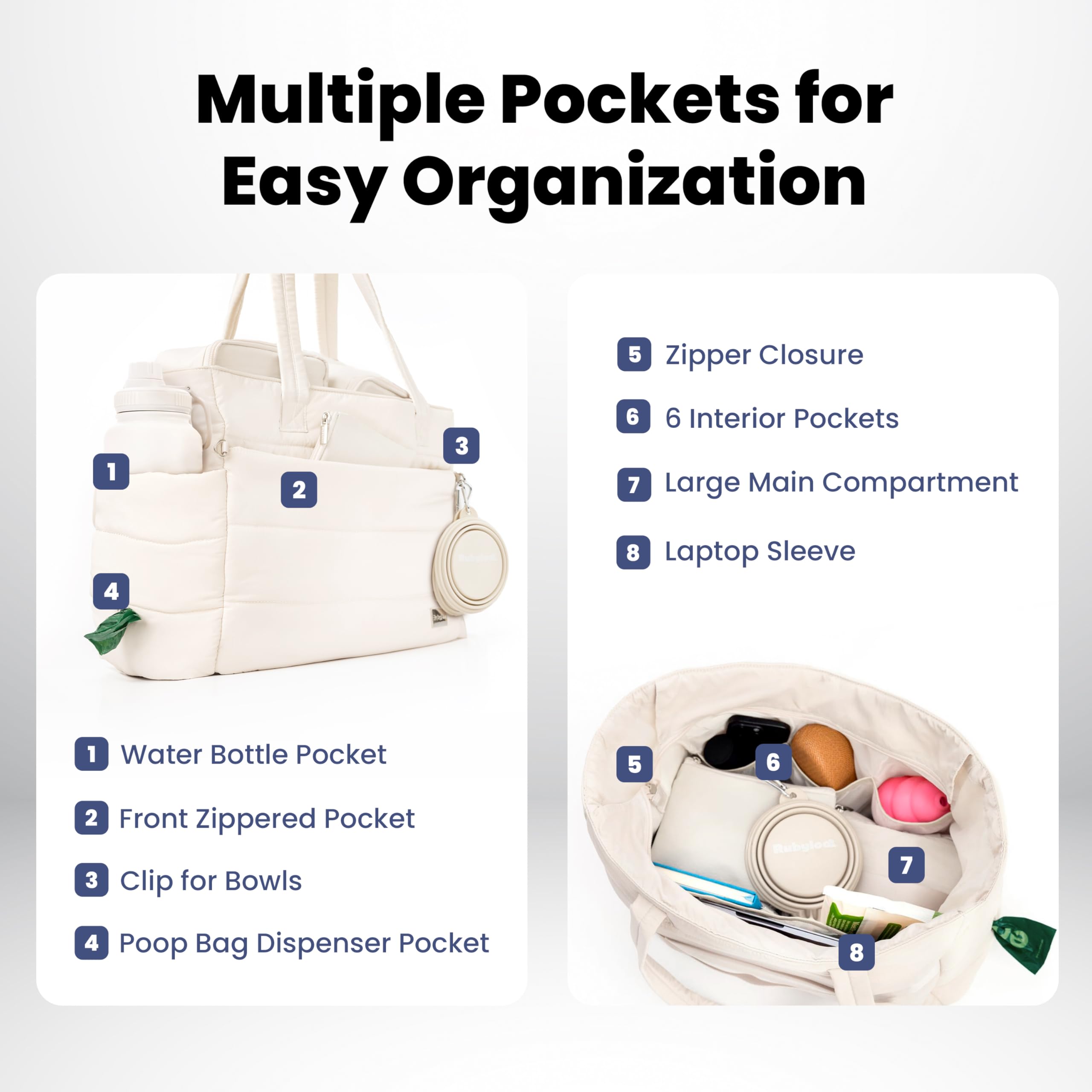 Rubyloo puffer nine-pocket organization for treats, wipes, phone, and more