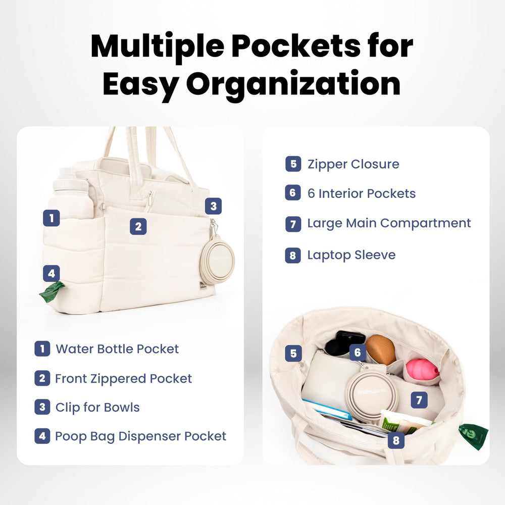Rubyloo puffer nine-pocket organization for treats, wipes, phone, and more