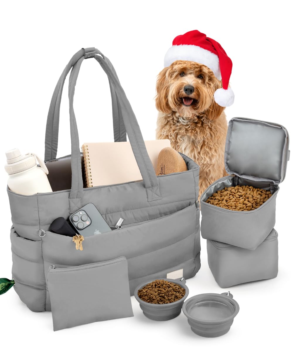 Rubyloo Puffer Tote gray front view, ideal for polished daily errands with organized pockets.