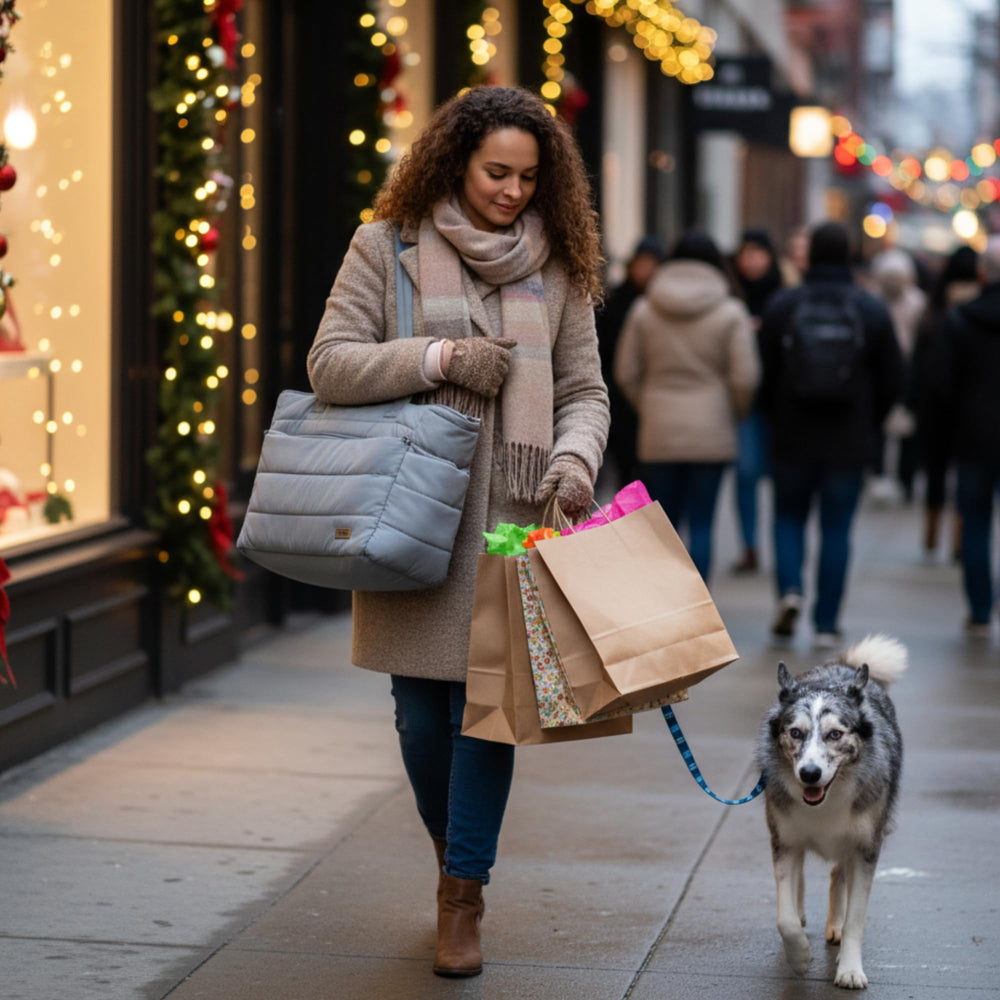 Rubyloo tote lightweight quilted nylon close-up highlights water resistance.