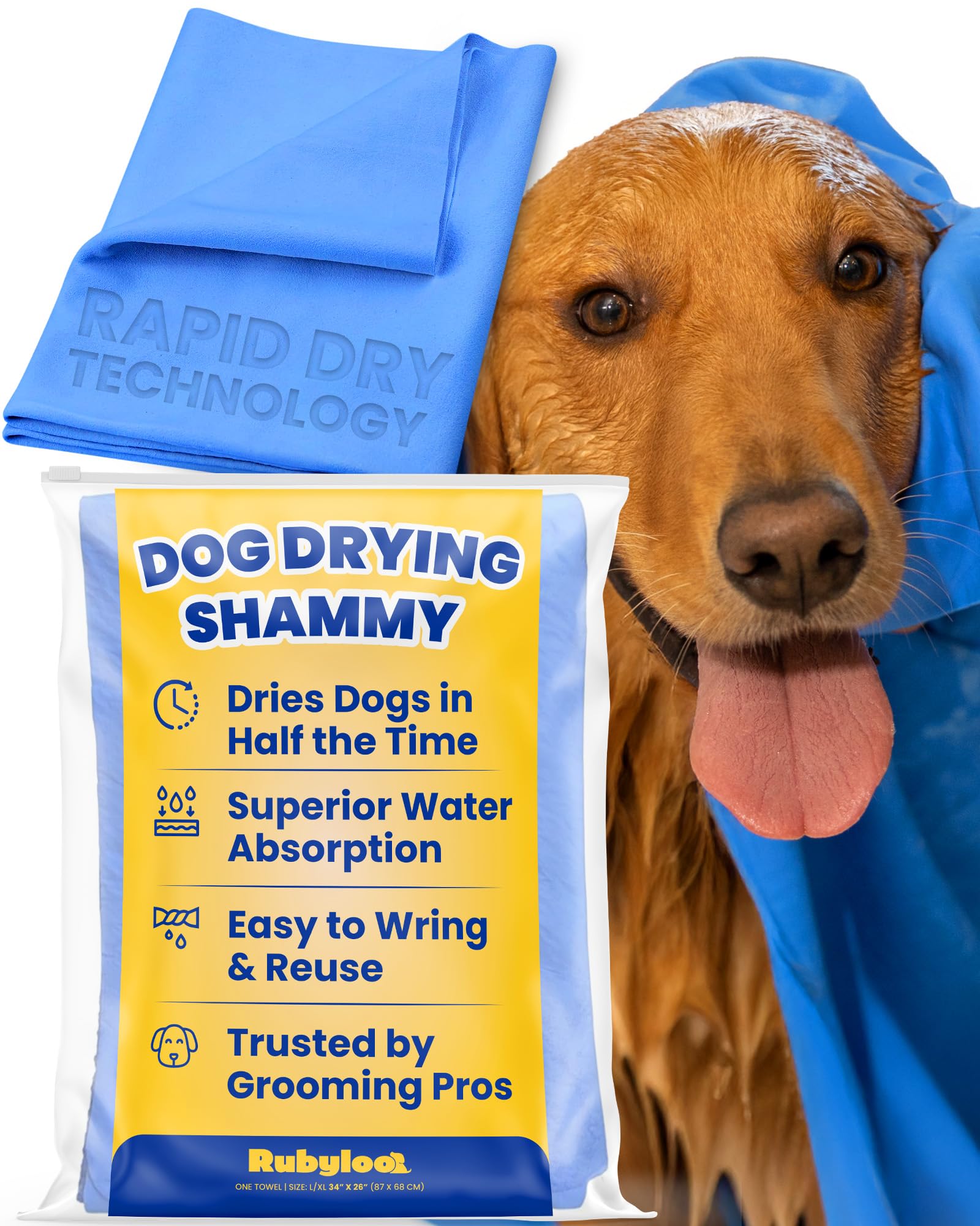 rubyloo shammy dog towel drying a wet coat quickly and efficiently after bath.
